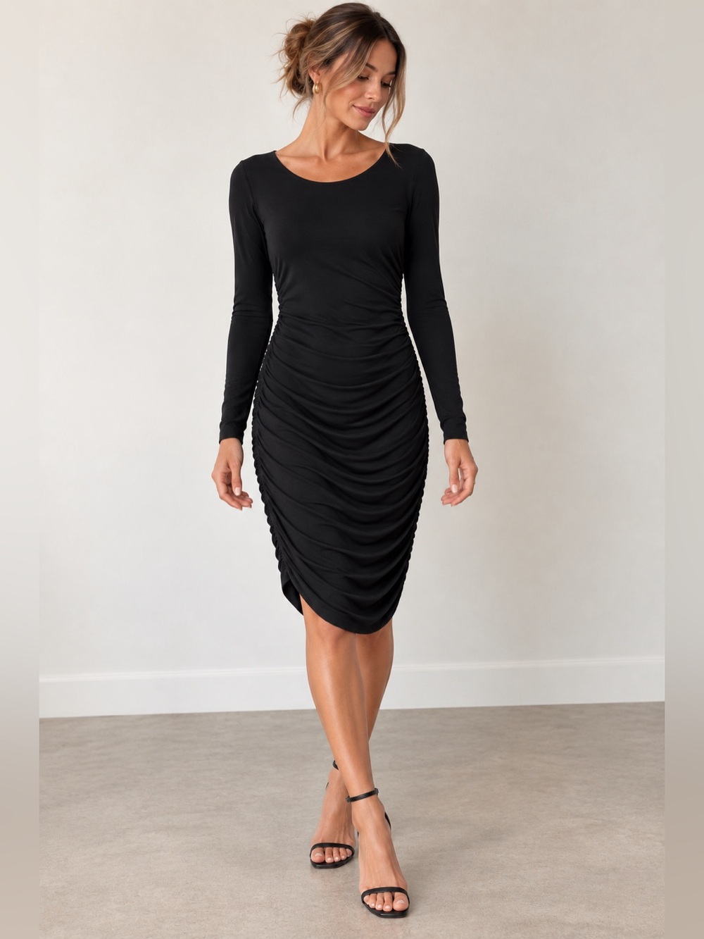 Norma Kamali Black Bodycon Dress Round Neck Ruched Midi Jersey Stretch Size L